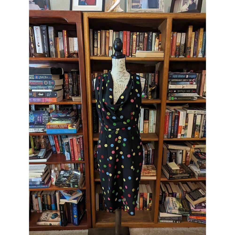 Eva Franco polkadot dress multi colored sz 4 sleeveless cowl neck knee-length